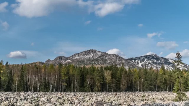 Timelapse Pan at Taganay National Park in Russia in Autumn. "Big Stone River", Biggest Deposit Occurrence of Aventurine Quartz