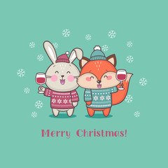 Merry Christmas greeting card with cute cartoon animals holding glass of wine. Merry Christmas and Happy New Year vector illustration