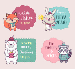 Set of cute cartoon Christmas characters wishing Merry Christmas. Vector illustration with cute forest animals
