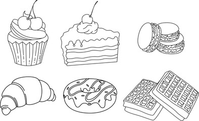 Vector illustration of sweeties in outlines. Cake, macaroons, croissant, donuts, waffles. Tasty illustration. Coloring page. Illustration for coloring book. 