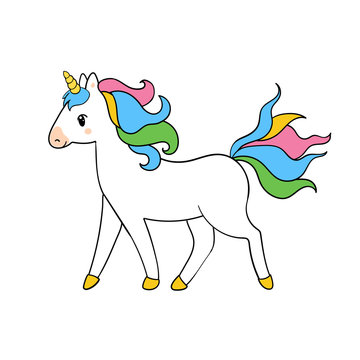 Illustration of beautiful running unicorn for children design. Rainbow hair. Isolated. Cute fantasy animal.