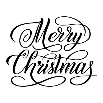 Merry Christmas black isolated cursive sign. Calligraphic style. Hand writing script. Brush pen lettering. Handwritten phrase. Vector design element for greeting cards.