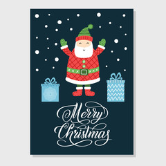 Merry Christmas and New Year greeting card with Santa Claus, gift box, hand lettering calligraphy sign. Holiday cartoon vector illustration on dark blue background. Colorful funny hand drawn template.