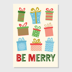 Merry Christmas card with gift wrapping boxes and sign. Holiday package with tape colorful vector illustration. Greeting design hand drawn elements.