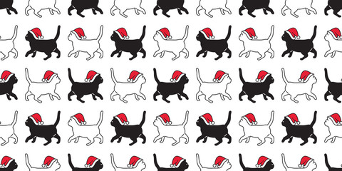 cat seamless pattern Christmas vector Santa Claus hat kitten walking cartoon scarf isolated repeat wallpaper tile background illustration doodle white design