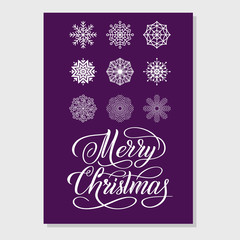 Elegant Merry Christmas greeting card with snowflakes and calligraphy sign. Stylish holiday vector illustration.