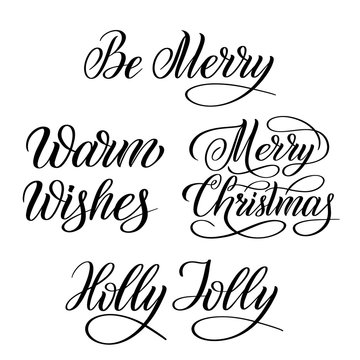 Set Of Merry Christmas Black Isolated Cursive Signs. Calligraphic Style. Hand Writing Script. Brush Pen Lettering. Handwritten Phrase. Vector Design Element For Greeting Cards.