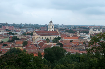 Vilnius Lithuania, cityscape of old town with several church bell towers