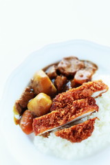 Japanese style curry, potato and pork curry rice with cutlet