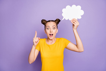 I have nice plan. Photo of funny pretty lady holding paper cloud mind raising finger up have crazy creative idea wear yellow t-shirt isolated on pastel purple background