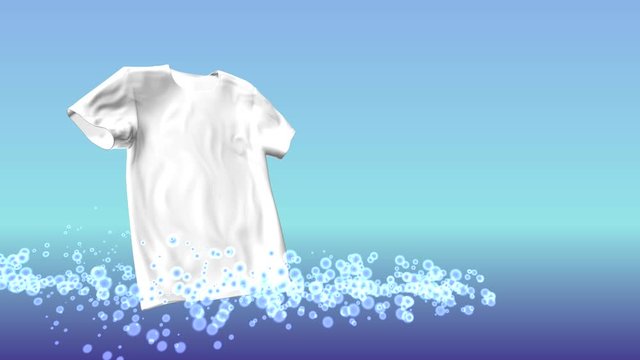 Cloth washing and whitening process. 3d animation. Cleaning blue water bubbles splash fly around the T-shirt and then grey fibers turn to a white and shining. Ad for laundry detergent washing powder  