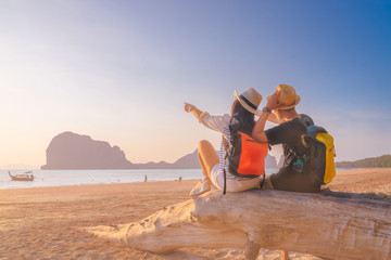 Romantic couple traveler joy look beautiful scenic landscape sunset beach, Outdoor lifestyle...