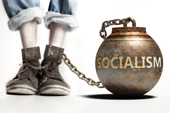 Socialism can be a big weight and a burden with negative influence - Socialism role and impact symbolized by a heavy prisoner's weight attached to a person, 3d illustration