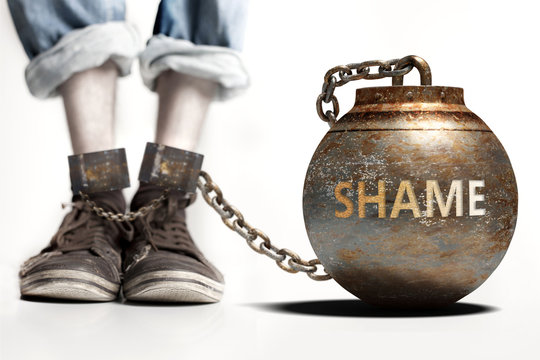 Shame can be a big weight and a burden with negative influence - Shame role and impact symbolized by a heavy prisoner's weight attached to a person, 3d illustration