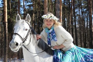 skirt, neck, horse, winter, snow, animal, woman, horseback, nature, rider, white, beauty, forest, farm, outdoors, cowboy, cold, ride, beautiful, bridle, people, jockey, active, blouse, blue, blue eyes