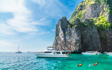 Beautiful nature scenic landscape Maya bay with boat for traveler joy snorkelling Phi Phi island Krabi Cruise ship tourist travel Phuket Thailand summer holiday vacation trip, Tourism Destination Asia © day2505