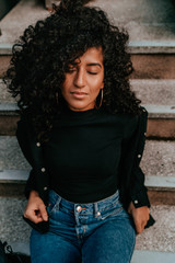 Portrait Charming Young African Woman with Curly Hair, Street Style