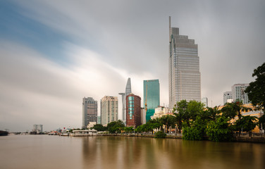 Saigon Financial Tower Skyline. High Rise Riverside Cityscape Financial Towers.  Pollution in a metropolis, BW concept. Ho Chi Minh,