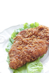 Japanese food, pork cutlet on lettuce with copy space