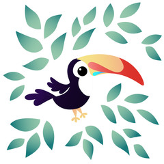 Cute toucan with green leaves