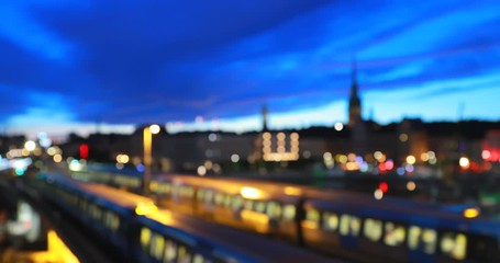 Stockholm, Sweden. Night Skyline Abstract Boke Bokeh Background. Design Backdrop. Subway Train. 4K