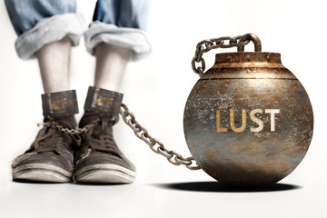 Lust can be a big weight and a burden with negative influence - Lust role and impact symbolized by a heavy prisoner's weight attached to a person, 3d illustration