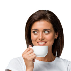 beautiful cheerful woman holding cup of coffee, isolated on white