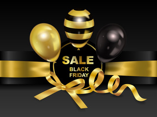 Black Friday sale  banner with golden and black balloons on dark background. Vector illustration.
