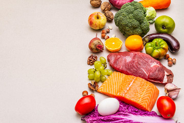 Trending paleo/pegan diet. Healthy balanced food concept. Set of fresh products, raw meat, salmon,...