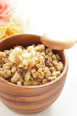 Healthy breakfast, granola and dried fruit