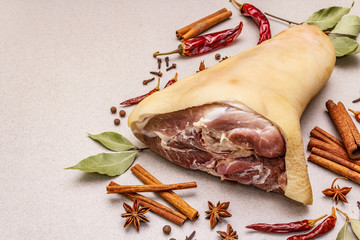 Raw pork meat - hock, knuckle or leg. Traditional ingredient for eisbein. Fresh meat, dry spices and vegetables
