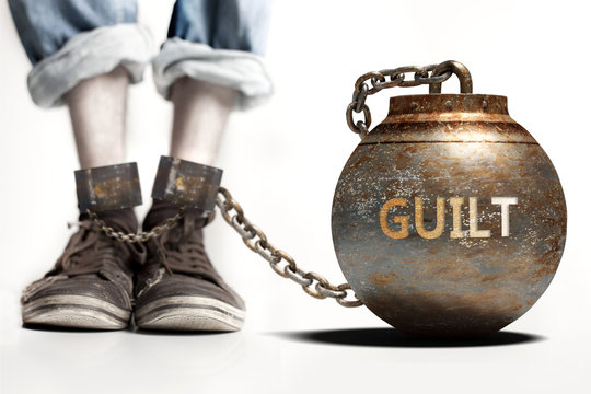Guilt can be a big weight and a burden with negative influence - Guilt role and impact symbolized by a heavy prisoner's weight attached to a person, 3d illustration