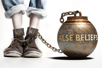 False beliefs can be a big weight and a burden with negative influence - False beliefs role and impact symbolized by a heavy prisoner's weight attached to a person, 3d illustration - obrazy, fototapety, plakaty