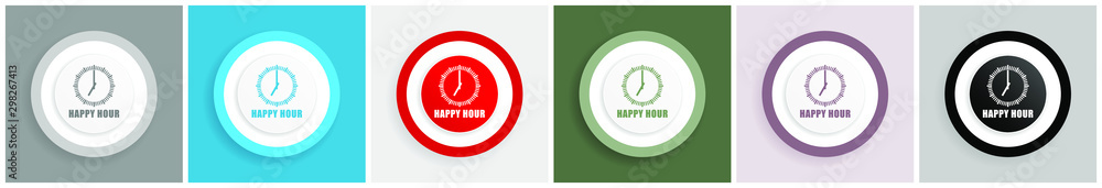 Aufkleber happy hour icon set, colorful flat design vector illustrations in 6 options for web design and mobil