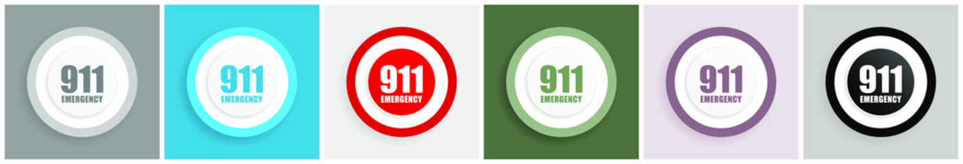 Number emergency 911 icon set, colorful flat design vector illustrations in 6 options for web design and mobile applications