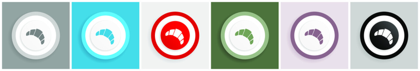 Croissant icon set, colorful flat design vector illustrations in 6 options for web design and mobile applications