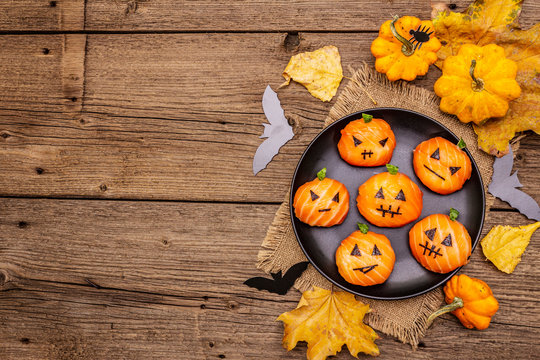 Funny Halloween Sushi Pumpkins Jack O Lantern, Sushi Monsters. Temari Sushi, Sushi Balls. Healthy Food For Kids