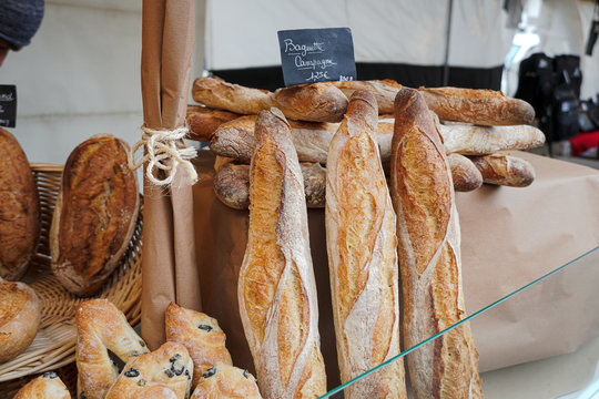 French Baguette bread for sale in a bakery shop in Paris