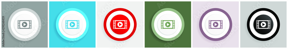 Poster play video icon set, colorful flat design vector illustrations in 6 options for web design and mobil