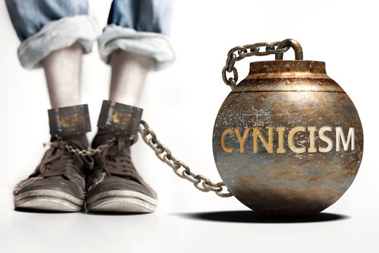 Cynicism can be a big weight and a burden with negative influence - Cynicism role and impact symbolized by a heavy prisoner's weight attached to a person, 3d illustration