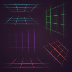 80s background, vector set of elements. Illustration in the style of futurism. Neon grid. Symbol of technology and cyberpunk. Vintage poster of virtual reality.