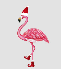 Winter flamingo in Santa hat and shoes. Christmas design for cards, backgrounds, fabric, wrapping paper. Merry Christmas and Happy New Year vertical greeting card. © KeronnArt