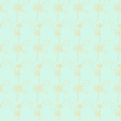 Pattern branch with berries and leaves of gently cream colored line sketch on a blue background