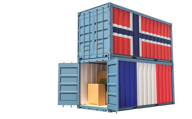 Fototapeta premium Two freight container with Norway and France flag. Isolated on white - 3D Rendering