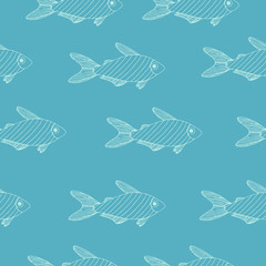Striped fish line sketch light blue pattern on bright blue background