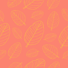 Yellow leaves sketch line pattern on coral background-
