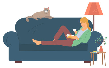 Woman character reading literature, side view of female character holding cup and book. Person lying with cat on sofa, bedside table and lamp, room. Vector illustration in flat cartoon style