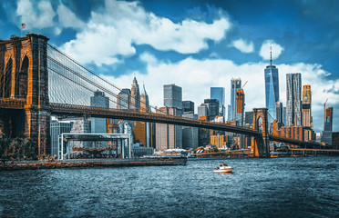 Suspension Brooklyn Bridge across Lower Manhattan and Brooklyn. New York, USA.