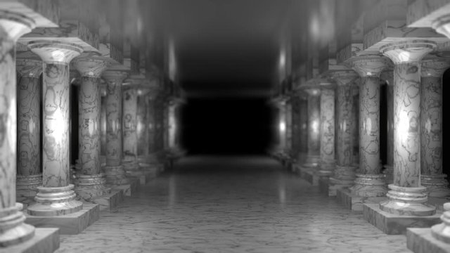 3d rendering abstract background of  antique colonnade, classical ancient tuscan order white marble columns in a row. Moving the camera forward. 3D animation 4K