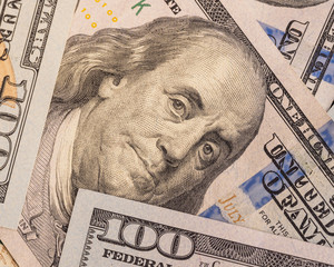Benjamin Franklin portrait one hundred dollar bill. Macro shot. United States money close-up.